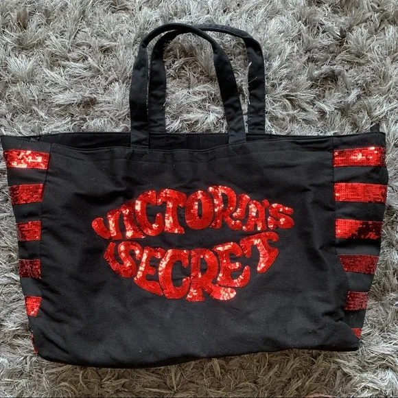 victoria's secret large tote bag sequins black red - Picture 1 of 4